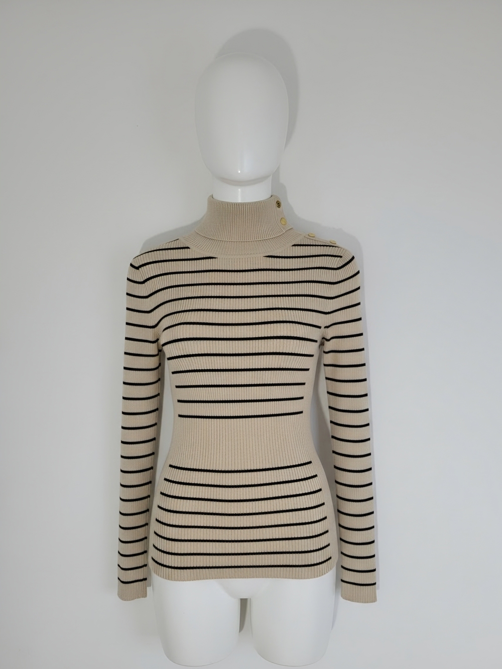 Cache Ribbed Size XS Turtleneck Stripe Sweater in Cream and Black